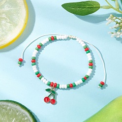 Вишня 9шт. браслеты с подвесками из сплава и эмали на фруктовую тематику, стеклянные бусины плетеные браслеты из бисера для женщин, вишня, 1.85x1.45x0.15 см, внутренний диаметр: 2-1/8 дюйм (5.3 см) ~ 3-5/8 дюйм (9.2 см)