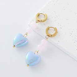 Light Sky Blue 304 Stainless Steel Resin Hoop Dangle Earrings for Women, Heart, with Imitation Pearl, Golden, Light Sky Blue, 56mm