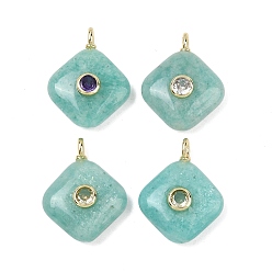 Амазонит Природные подвески амазонит, Подвески в виде ромбов с золотистой латунной микропаве из кубических цирконий разных цветов, 22.5~23.5x17.5x5.5~7 мм, отверстие : 2.5x1.5 мм