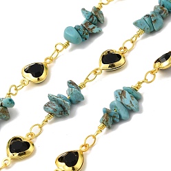 Синтетическая Бирюза Латунные соединительные цепи ручной работы, с синтетической бирюзой и стеклянными бусинами и катушкой, долговечный, пайки, без свинца и без кадмия, сердце, золотые, сердце ссылки: 12.5x7.5x3мм