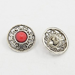 Indian Red Flat Round Alloy Resin Shank Buttons, 1-Hole, Antique Silver, Indian Red, 18x10mm