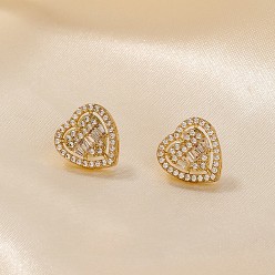 Золотой Элегантные серьги-гвоздики в форме сердца из латуни с прозрачным кубическим цирконием, золотые, 13x12 мм