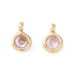 Розовый 304 кулон из нержавеющей стали, со стразами, реальный 14 k позолоченный, плоско-круглые, светло-розовый, 7x5x3 мм, отверстие : 1.4 мм