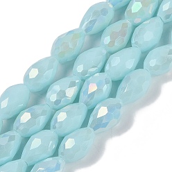 Бледно-бирюзовый Непрозрачные однотонные гальванические стеклянные бусины, с покрытием AB цвета, граненые, слеза, бледные бирюзовая, 15x10 мм, отверстие : 1.6 мм, около 46~48 шт / нитка, 27.95 дюйм (71 см)