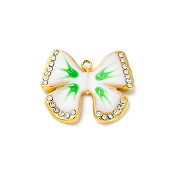 Белый 304 нержавеющей стальной эмали подвески, со стразами, очарование бантом, вакуумное покрытие pvd, реальный 18 k позолоченный, белые, 16.5x19x2.5 мм, отверстие : 1.4 мм