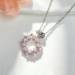 Platinum Brass Pave Pink Cubic Zirconia Ring Pendant 304 Stainless Steel Cable Chain Necklaces for Women, Platinum, 15.75 inch(40cm)