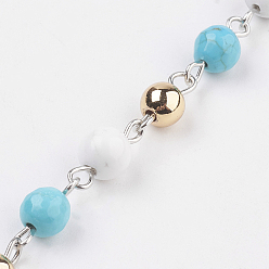 Howlite Natural Howlite & Synthetic Turquoise Beads Handmade Chains, Unwelded, with Brass Findings and Iron Eye Pin, Round, 12~13x6mm, 39.37 inch(1m)/strand