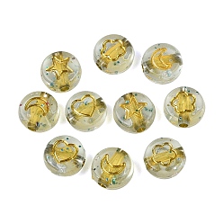 Dark Khaki Transparent Acrylic Beads, Flat Round & Heart & Moon & Flower, with Glitter Powder & Golden Metal Enlaced, Dark Khaki, 7x3.5~4mm, Hole: 1.5mm, about 3570pcs/500g