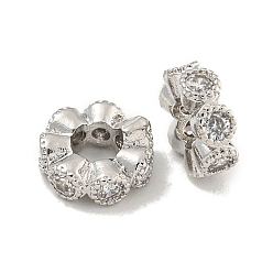 Платина Бусины-проставки из латуни с кубическим цирконием, долговечный, без свинца и без кадмия, плоско-круглые, платина, 8x3 мм, отверстие : 3.5 мм