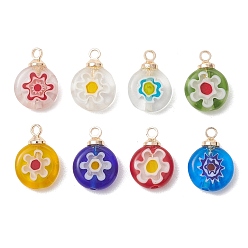 (52) Непрозрачная лаванда Подвески лэмпворк ручной работы, Стекло миллефиори с латунными подвесками, плоские круглые подвески с цветочным узором, золотые, разноцветные, 13.5~14.5x9.5~10.5x3.5 мм, отверстие : 1.6 мм
