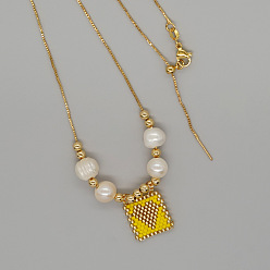 Желтый Летние стеклянные бусины квадратные с подвеской в виде сердца, ожерелья из натурального жемчуга и латунных бусин для женщин, золотые, желтые, 23.62 дюйм (60 см)