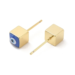 Blue Long-Lasting Plated Cube with Enamel Evil Eye Stud Earring, Real 18K Gold Plated Brass Jewelry for Women, Blue, 6x6mm, Pin: 0.8mm