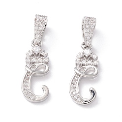 Letter C Кулоны из экологически чистой латуни с микропаве и кубическим цирконием, долговечный, Реальная платина, без кадмия и без свинца, буквы, letter.c, 16~20x7~11.5x1.5~2.2 мм, отверстие : 6.5x3.5 мм