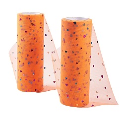 Dark Orange Heart Glitter Sequin Deco Mesh Ribbons, Tulle Fabric, Tulle Roll Spool Fabric For Skirt Making, Dark Orange, 6 inch(15cm), about 10yards/roll(9.144m/roll)