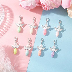 (52) Непрозрачная лаванда Акриловые подвесные украшения, Сплав с застежками, ангел, с имитацией жемчуга, разноцветные, 43 мм