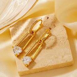 Сердце Винтажные латунные серьги-кольца с прозрачным кубическим цирконием, золотые, сердце, 41x9 мм