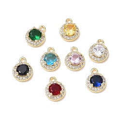 Golden Brass Micro Pave Clear Cubic Zirconia Pendants, Round Charms, with Glass, Faceted, Mixed Color, Golden, 10x8x4mm, Hole: 1.2mm