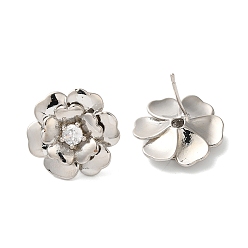 Платина Серьги-пусеты из латуни с микропаве и прозрачным фианитом, долговечный, без свинца и без кадмия, цветок, платина, 19.5x19.5 мм