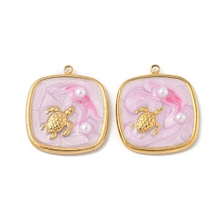 Квадрат 304 нержавеющей стальной эмали подвески, с абс пластмассовой имитационной жемчужиной, ионное покрытие (ip), реальный 18 k позолоченный, черепахи, квадратный, 22.5x20x4 мм, отверстие : 1.5 мм