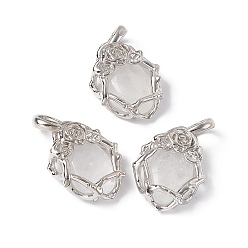 Хрусталь Природного кварца хрустальных подвесок, подвески из горного хрусталя, овальные амулеты, с фурнитурой в виде розы из латуни платинового цвета, без кадмия, без никеля и без свинца, 25~26x19~19.5x9~9.5 мм, отверстие : 7.5x5.5 мм