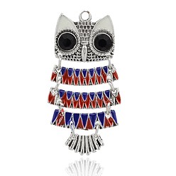 Red Antique Silver Alloy Enamel Owl Pendants, with Resin Cabochons, Red, 48x21x2mm, Hole: 2.5mm