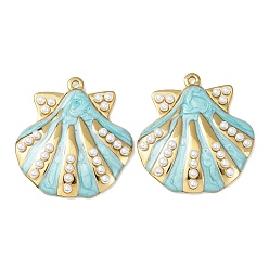 Небесно-голубой 304 подвески из нержавеющей стали, подвески в форме ракушек, с эмалью и искусственным жемчугом из АБС-пластика, реальный 18 k позолоченный, ионное покрытие (ip), голубой, 36x33x6 мм, отверстие : 2 мм