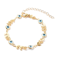 Golden Brass Cobs Chain Bracelets, with Evil Eye Glass Enamel Links, White, Golden, 7-1/4 inch(18.5cm)