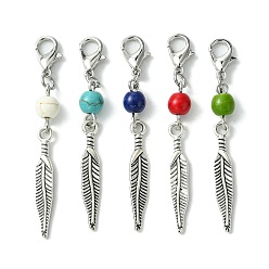 Mixed Color Alloy Feather Pendant Decorations, with Dyed Synthetic Turquoise Beads and Alloy Lobster Claw Clasps, Mixed Color, 53mm