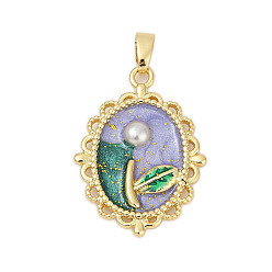 Лиловый Латунь эмаль подвески, , с имитацией жемчуга, стойки покрытие, прочное покрытие, без кадмия и без свинца, сирень, 25x18x7 мм, отверстие : 4.5x2.5 мм