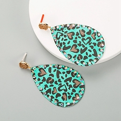 Medium Aquamarine PU Leather Stud Earring, with Rhinestone, Teardrop, Medium Aquamarine, 94x53mm