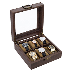 Café 6- Cajas organizadoras para relojes con ventana de cristal transparente, fabricadas en imitación de cuero, con cojín de terciopelo en el interior y cierres de aleación en el exterior., plaza, café, 20.5x20.5x8 cm
