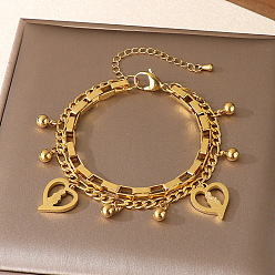 Сердце День матери 304 Браслеты из нержавеющей стали с цепочками Фигаро и коробчатой цепочкой, двухслойные, браслеты с подвесками для женщин, золотые, сердце с мамой, 7.48 дюйм (19 см)