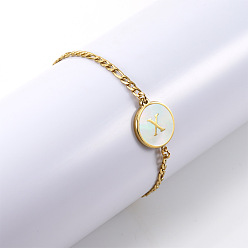 Letter X Плоские круглые с буквенным узором 304 браслеты из нержавеющей стали, браслеты figaro chains для женщин, с оболочкой, золотые, Письмо X, 7-1/2 дюйм (19 см)