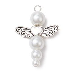 Белый Подвески из перламутровых стеклянных бусин, ангельские прелести, с крыльями из сплава и медной проволокой, белые, 33x23.5x8 мм, отверстие : 3 мм