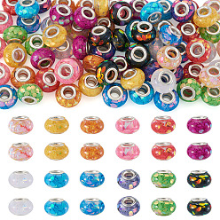 Mixed Color 72Pcs 12 Colors Transparent Resin Rondelle European Beads, with Paillette & Platinum Tone Brass Cores, Large Hole Beads, Mixed Color, 14x8.5mm, Hole: 5mm, 6pcs/color