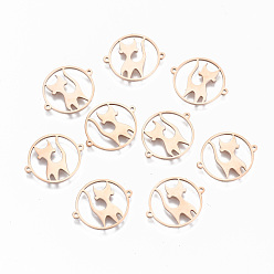 Rose Gold 304 Stainless Steel Links Connectors, Laser Cut, Flat Round with Cat, Rose Gold, 15x18x1mm, Hole: 0.8mm