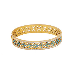 Цветок Полые 304 браслеты из нержавеющей стали с шарнирным креплением для женщин, золотые, с синтетическими бирюзовый, цветок, внутренний диаметр: 2-1/2x2-1/8 дюйм (6.5x5.5 см)