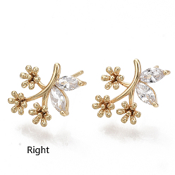 Настоящее золото 18K Латунные микро-паве прозрачные серьги-гвоздики из циркония, реальный 18 k позолоченный, без никеля , цветок, 15x11 мм, отверстие : 0.9 мм, штифты : 1 мм