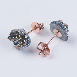Rainbow Plated Brass Ear Stud Components, with Natural Druzy Agate, Nuggets, Rainbow Plated, 6~9x5~8.5x3~7mm, Pin: 0.7mm