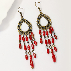 Antique Bronze Bohemia Style Iron Chandelier Earrings, Gemstone Beaded Tassel Earrings, Antique Bronze, 100x24mm