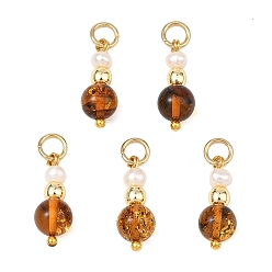 Янтарный Подвески из натурального янтаря и культивированной пресноводной груши., круглые подвески, с 304 кольцами из нержавеющей стали, золотые, 17x6.5 мм, отверстие : 3.3 мм