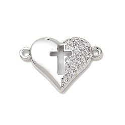 Platinum Brass Micro Pave Clear Cubic Zirconia Connector Charms, Heart with Hollow Cross Links, Long-Lasting Plated, Lead Free & Cadmium Free, Platinum, 14x20x2.5mm, Hole: 1.4mm