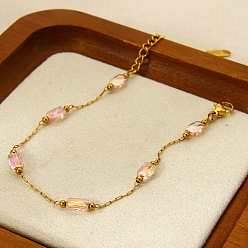 Pink Европейские браслеты из граненых прямоугольных стеклянных бусин с цепочками из нержавеющей стали в виде скрепок для женщин, реальный 304 k позолоченный, розовые, 18 дюйм (6.89 см)