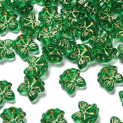 Зеленый Прозрачные акриловые бусины, рождественский колокольчик с бантом, золотой металл обвитыми, зелёные, 15x15.5x8.5 мм, отверстие : 1.2 мм, Около 562 шт / 500 г