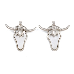 Stainless Steel Color 304 Stainless Steel & Natural Freshwater Shell Pendants, Longhorn Bull Charm, Stainless Steel Color, 21.5x22.5x4.5mm, Hole: 1.8mm