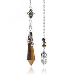 Tiger Eye Natural Tiger Eye Cone Dowsing Pendulum Big Pendants, with Meatl Woven Net/Web with Feather, Pendant: 68x16mm