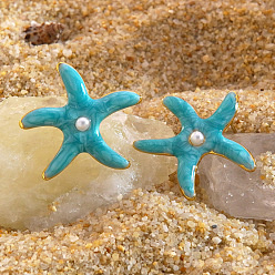 Золотой 304 Серьги-гвоздики из нержавеющей стали и эмали, с имитацией жемчуга, морская звезда, золотые, 24x26 мм