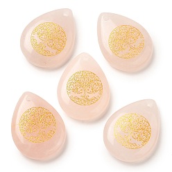 Розовый Кварц Естественно розового кварца падения подвески, подвески-слезинки с гравированным золотым деревом жизни, 33~33.5x24.5~25x7~7.5 мм, отверстие : 2 мм