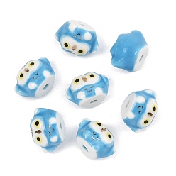 Deep Sky Blue Cute Hand Painted Mini Owl Porcelain Beads, Ceramic Animal Beads, Deep Sky Blue, 11.5~12x17x13~13.5mm, Hole: 2.5~2.7mm