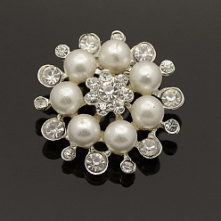 Silbern Silberfarbig Art und Weiselegierung Rhinestone-Blumenbroschen, mit Acryl-Perle, Silberfarbe überzogen, 30~32 mm, Stift: 19x4 mm